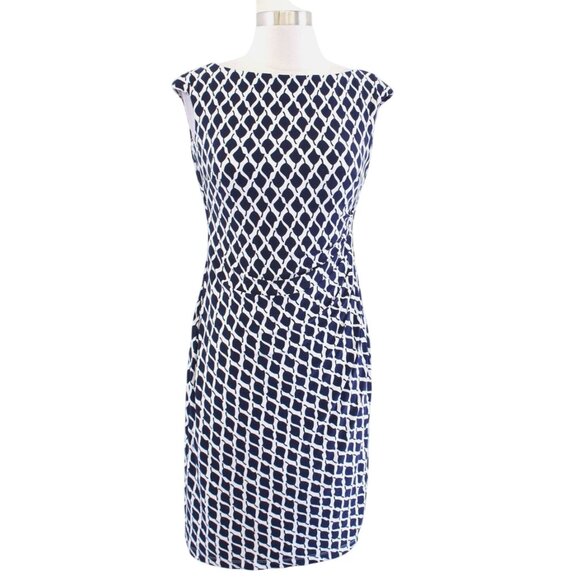 Ralph Lauren‎ Navy Blue White Leaf Print Ruched Jersey Dress Size 12 Summer - Picture 1 of 9